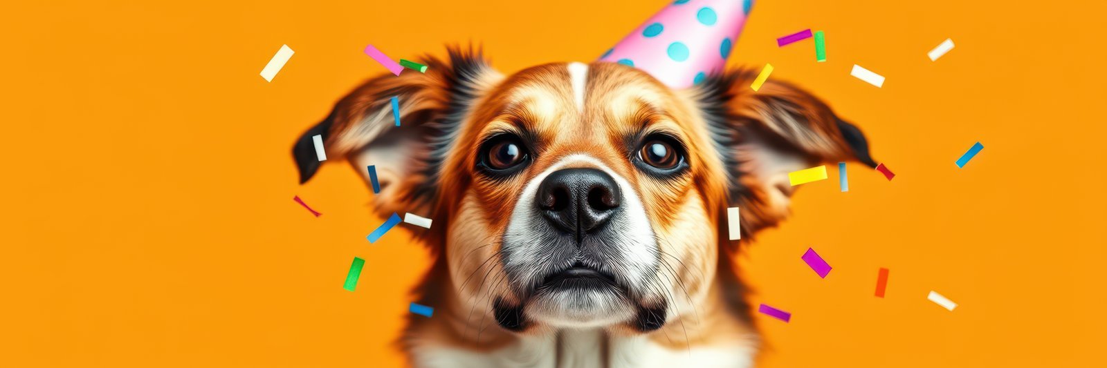 Happy dog in a birthday hat celebrating with colorful confetti against a vibrant orange background